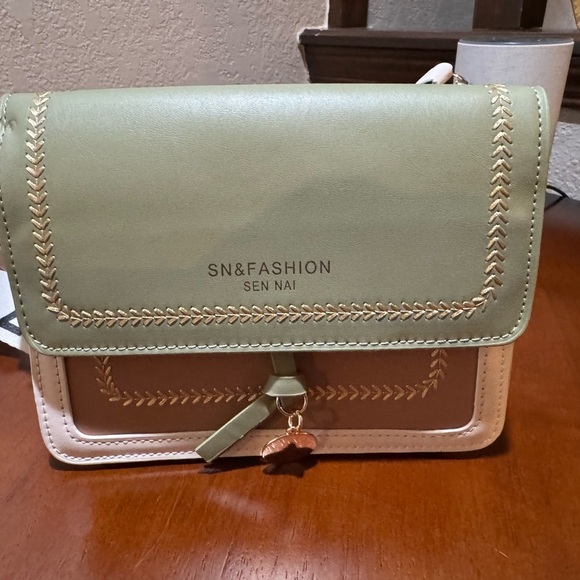 Handbags - Green and Cream Crossbody Bag with Structured Design